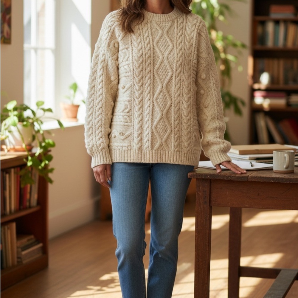 Cooleen Knitwear Ireland Hand Knitted Wool Aran Sweater LG Cream Fisherman Cable